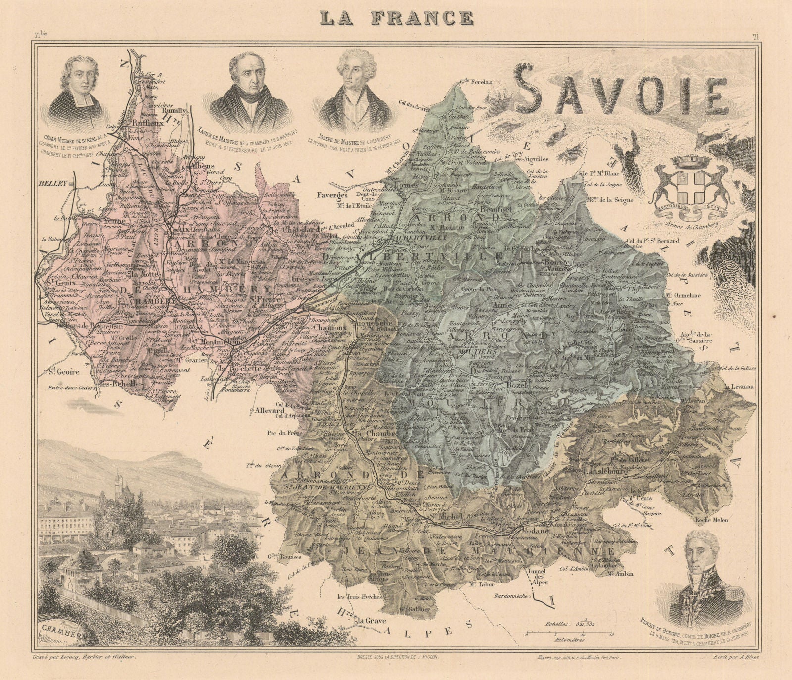 Savoie département. Chambéry vignette. Vuillemin 1890 old antique map chart